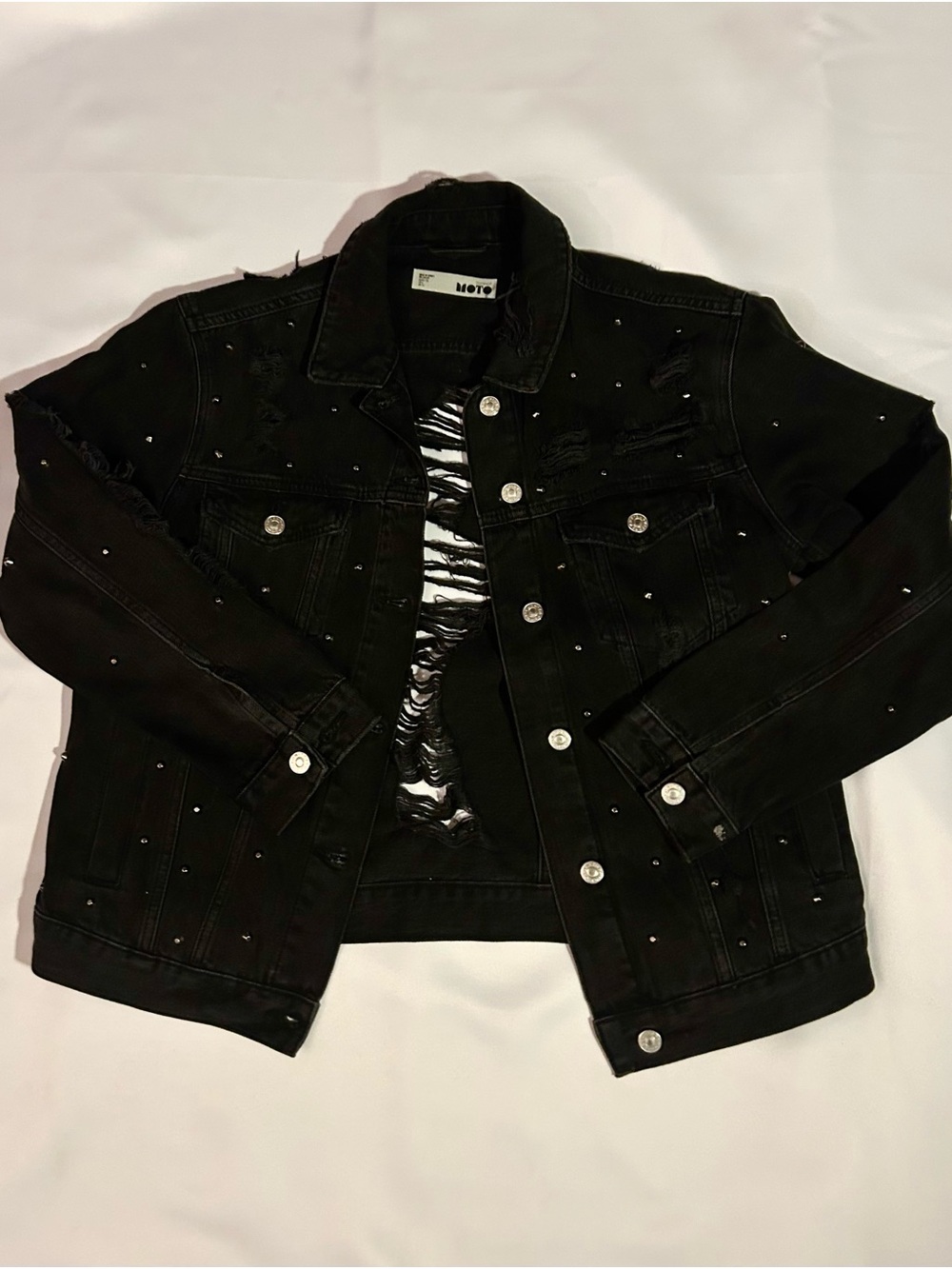 Topshop Black Distressed Studded Grunge Denim Jacket